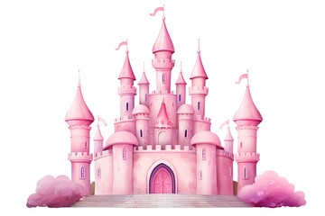 Pink princess castle on white background. Cartoon vector illustration. Fantasy fantasy castle.
