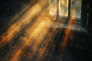 An image showing the golden hour light streaming through an old, dusty attic window, illuminating mi