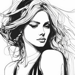 Beauty, fashion, make-up, and art concept. Portrait of beautiful young woman. Ink face drawing sketch