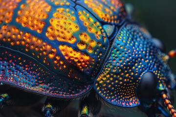 A close-up of the metallic sheen on a beetle's wing cover, the scales reflecting light in such a way - obrazy, fototapety, plakaty
