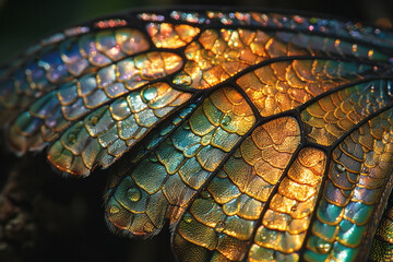 A close-up of the metallic sheen on a beetle's wing cover, the scales reflecting light in such a way - obrazy, fototapety, plakaty