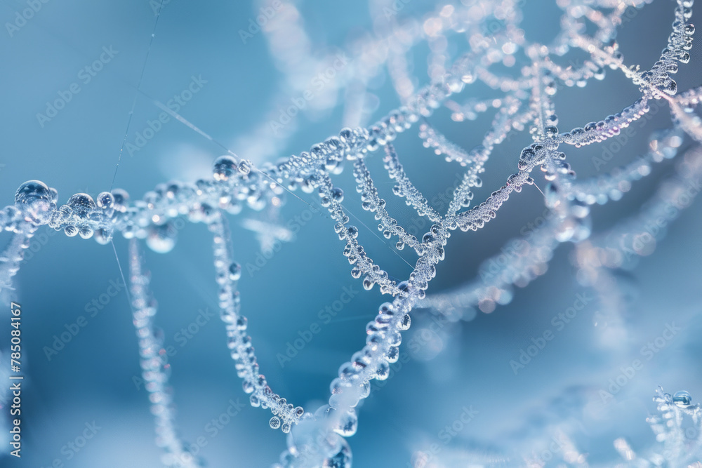 Poster a close-up photograph of frost spiderwebs delicately draped over a windowpane, each thread sparkling