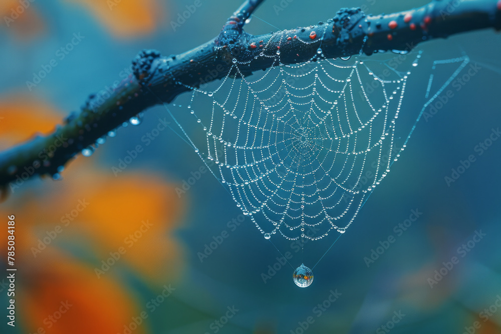 Poster A close-up showing a single dewdrop on a spider web about to fall, suspended in time and reflecting