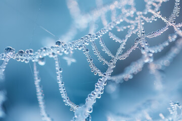 A close-up photograph of frost spiderwebs delicately draped over a windowpane, each thread sparkling