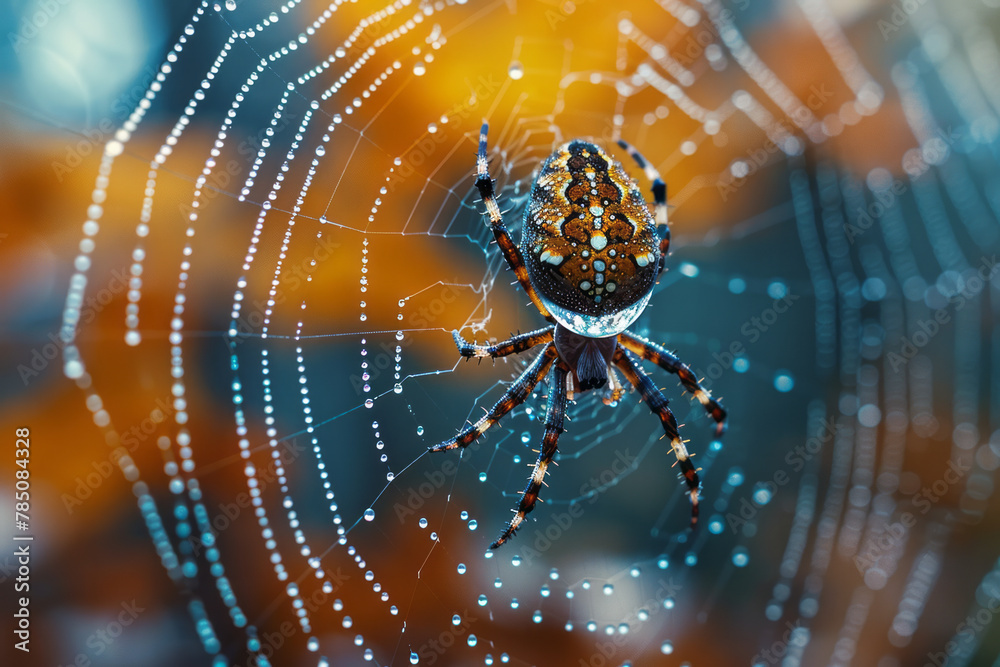 Poster A close-up showing a single dewdrop on a spider web about to fall, suspended in time and reflecting