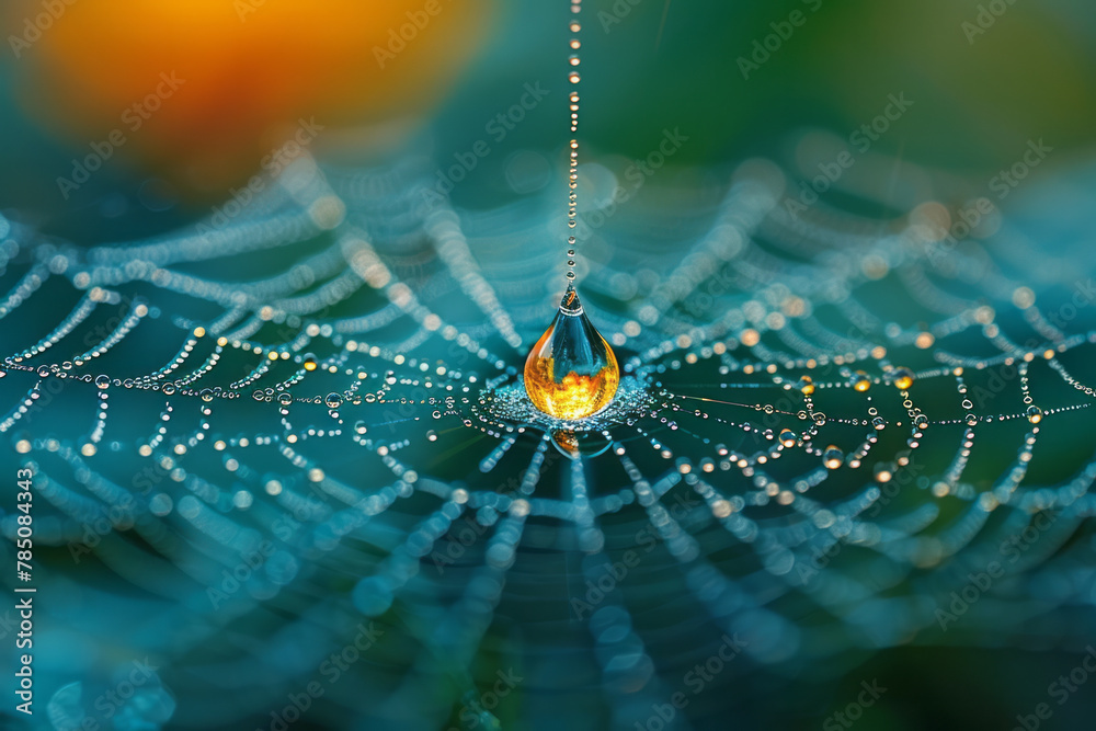 Poster A close-up showing a single dewdrop on a spider web about to fall, suspended in time and reflecting
