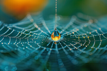 A close-up showing a single dewdrop on a spider web about to fall, suspended in time and reflecting - obrazy, fototapety, plakaty