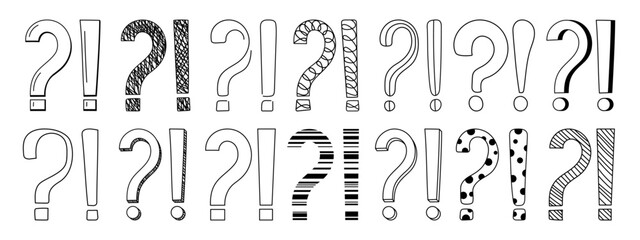 Doodle question and exclamation marks hand drawn sketch vector illustration set. Collection of various exclamation and question attention, asking, doubt and warning punctuation freehand scribbles. - obrazy, fototapety, plakaty