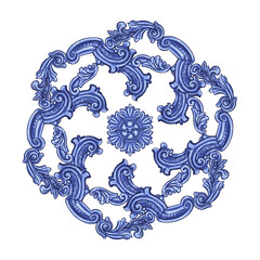 Vector decorative circular pattern blue and white design with frame or border. Baroque Vector mosaic. Traced watercolor. - 785084387