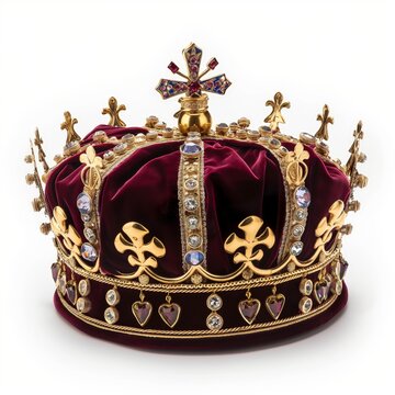A luxurious velvet crown, richly decorated with gemstones and gold accents symbolizing royalty and power.
