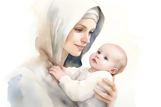 Mother with her baby on white background. Watercolor painting style.