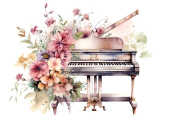Beautiful vector image with nice watercolor hand drawn piano and flowers - obrazy, fototapety, plakaty
