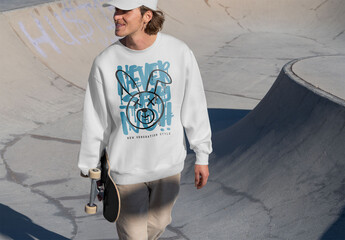 Mockup of man with customized sweatshirt holding skateboard