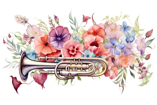 Beautiful vector image with nice watercolor trumpet and pansy flowers
