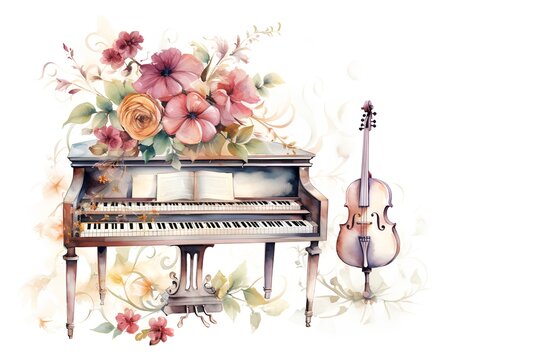 Beautiful vector card with watercolor piano, violin and flowers.