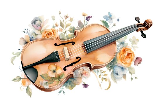 Beautiful vector image with nice watercolor hand drawn violin and flowers
