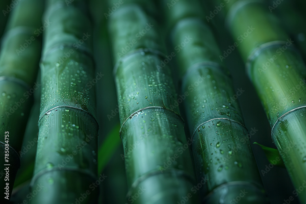 Poster a detailed shot of bamboo stalks, focusing on the segments and nodes, the lines clean and architectu