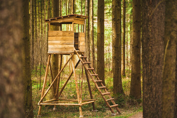 Wooden lookout post in the forest for hunters or animal watchers. Surveillance in nature.
