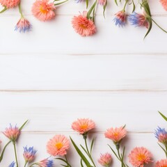 Beautiful peach cornflower flowers on a white wooden background, in a top view with copy space for text
