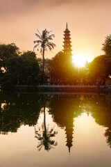 Tran quoc pagoda at lake on sunset in Hanoi city, Vietnam