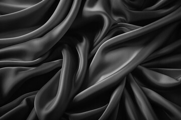 design based on rucked satin and silk fabric in shades of grey on a black background black velvet	 - obrazy, fototapety, plakaty