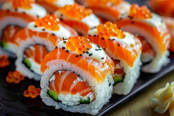 Alaska Salmon Uramaki Sushi, Uramaki Rolls Japanese Food with Red Tobiko Closeup