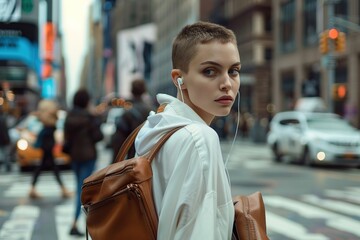 Fototapeta premium Portrait of a pretty young short-haired woman with white earphones crossing the street, looking sideways. Lovely girl with stylish haircut wearing white cloth, brown leather bag walking on city street