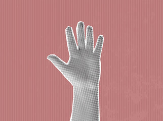 female hand on a pink background, halftone collage, trend design, magazine style, vector illustration