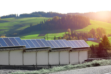 A House with a Green and Modern Roof. The House has Photovoltaic Panels that Harvest Solar Energy...