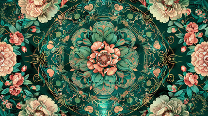 Emerald green and peony pink floral mandala, a vintage-styled nod to nature's art.