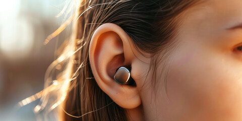 Close-up young woman ear with a wireless earpiece. Bluetooth wireless headphone technologies. 