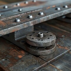 A closeup of the metal caster on an industrial iron table, focusing intently on its details and textures wheel is prominently visible 