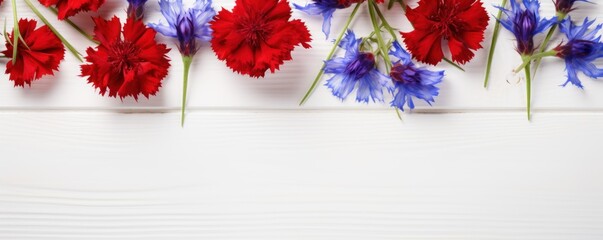Beautiful red cornflower flowers on a white wooden background, in a top view with copy space for text