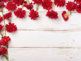 Beautiful red cornflower flowers on a white wooden background, in a top view with copy space for text