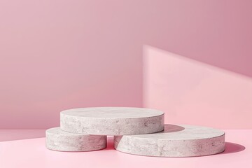 Two Round Podiums for Cosmetic, Soap, Items Presentation. Abstract Minimal Geometric Pedestal. Cylinder Two Forms, Soft Shadow. Product Object Show Scene. Showcase, Display Case. Pink Stand Backdrop