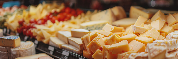Wide variety of gourmet cheeses deliciously arranged at a market, perfect for food enthusiasts and culinary experiences - obrazy, fototapety, plakaty