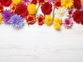 Beautiful red cornflower flowers on a white wooden background, in a top view with copy space for text