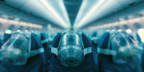 Oxygen emergency masks in an empty airplane cabin. Safety rules for airplane accidents, turbulence, emergency situation on board. - obrazy, fototapety, plakaty