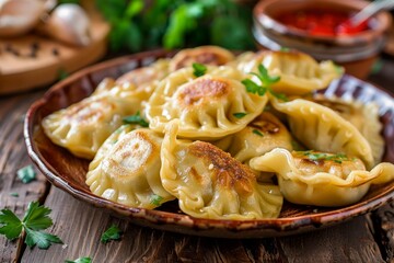 Giurza or Gyoza, Dim Sum, Jiaozi, Momo, Mandu or Ravioli, Azerbaijani Fried Dumplings with Minced...
