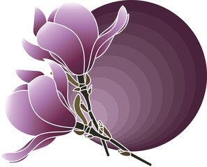 Illustration of verbanica saucer magnolia flower on dark violet circle background.