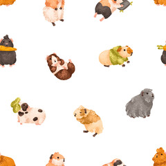 Cute guinea pigs, seamless pattern. Funny adorable cavies, endless background design for fabric print, textile, wrapping. Kawaii baby animals, rodent pets, repeating texture. Flat vector illustration