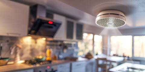 White plastic Smoke detector in the kitchen. Close-up of the fire detector in the kitchen interior. Home security.