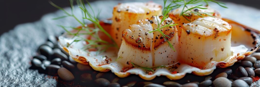Baked Scallop in Scallops Shell, Gourmet Seafood Exquisitely Served on Sea Pebbles Closeup