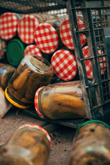Expired homemade pickled cucumbers in jar thrown away - obrazy, fototapety, plakaty