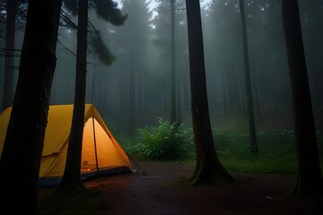 rain on the tent in the forest, tropic, quiet, calm, peaceful, meditation, camping, night, relax, Generative AI - obrazy, fototapety, plakaty