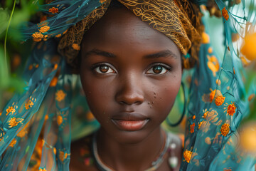 A striking close-up of a woman with an intricate headwrap and intense eyes