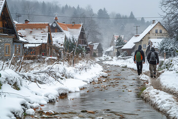 Two people walking down a snow-covered village street alongside a meandering stream