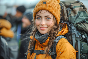 Attractive young woman in trendy winter attire ready for outdoor exploration with backpack