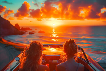 Vivid image of two young women sitting in a convertible car enjoying a stunning sunset on a coastal road - obrazy, fototapety, plakaty