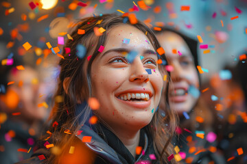 A vibrant portrait of a joyful woman smiling with confetti flying around, capturing the festive atmosphere